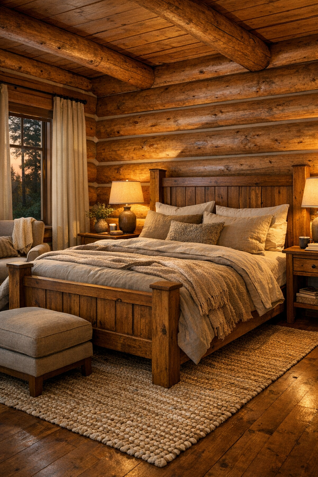 Calm rustic bedroom with log walls and layered neutral bedding