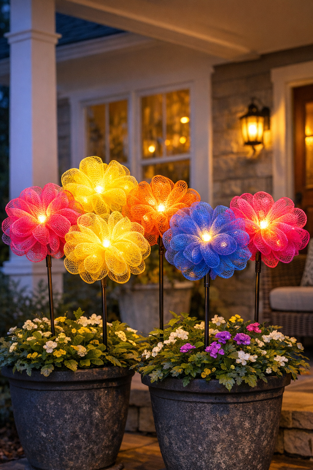 Finished giant glowing porch flowers made from colorful bath loofahs on solar stakes