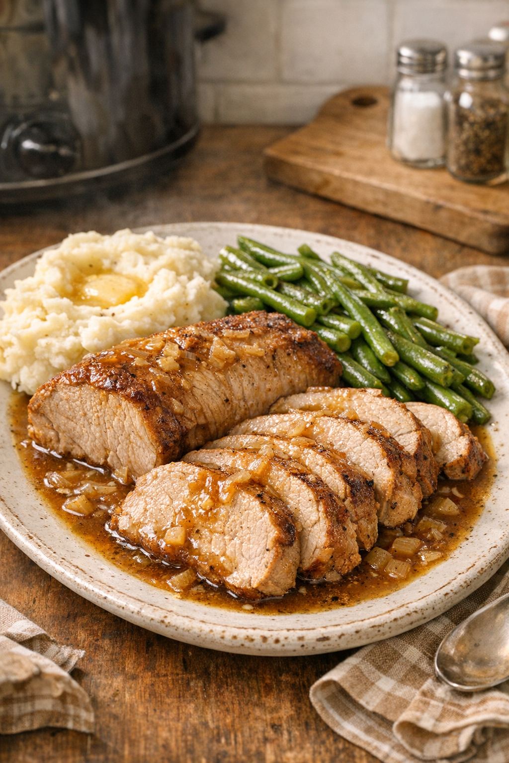 Finished slow cooker pork loin roast on a platter