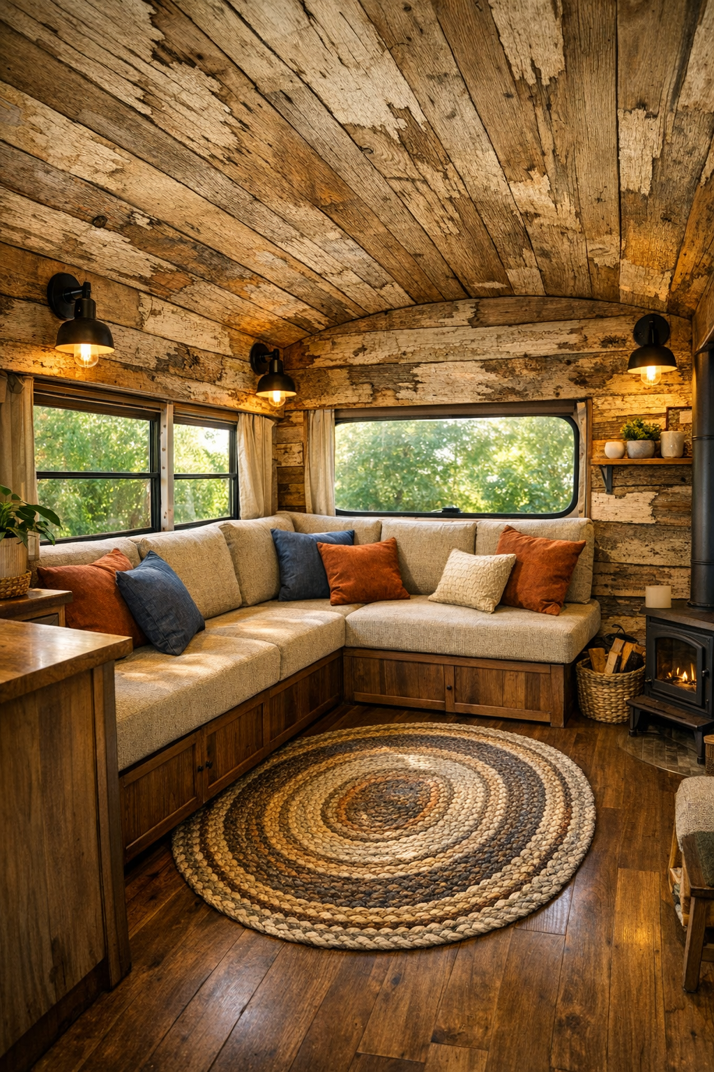 Warm bus living room with birch walls, built-in sofa, and soft natural light