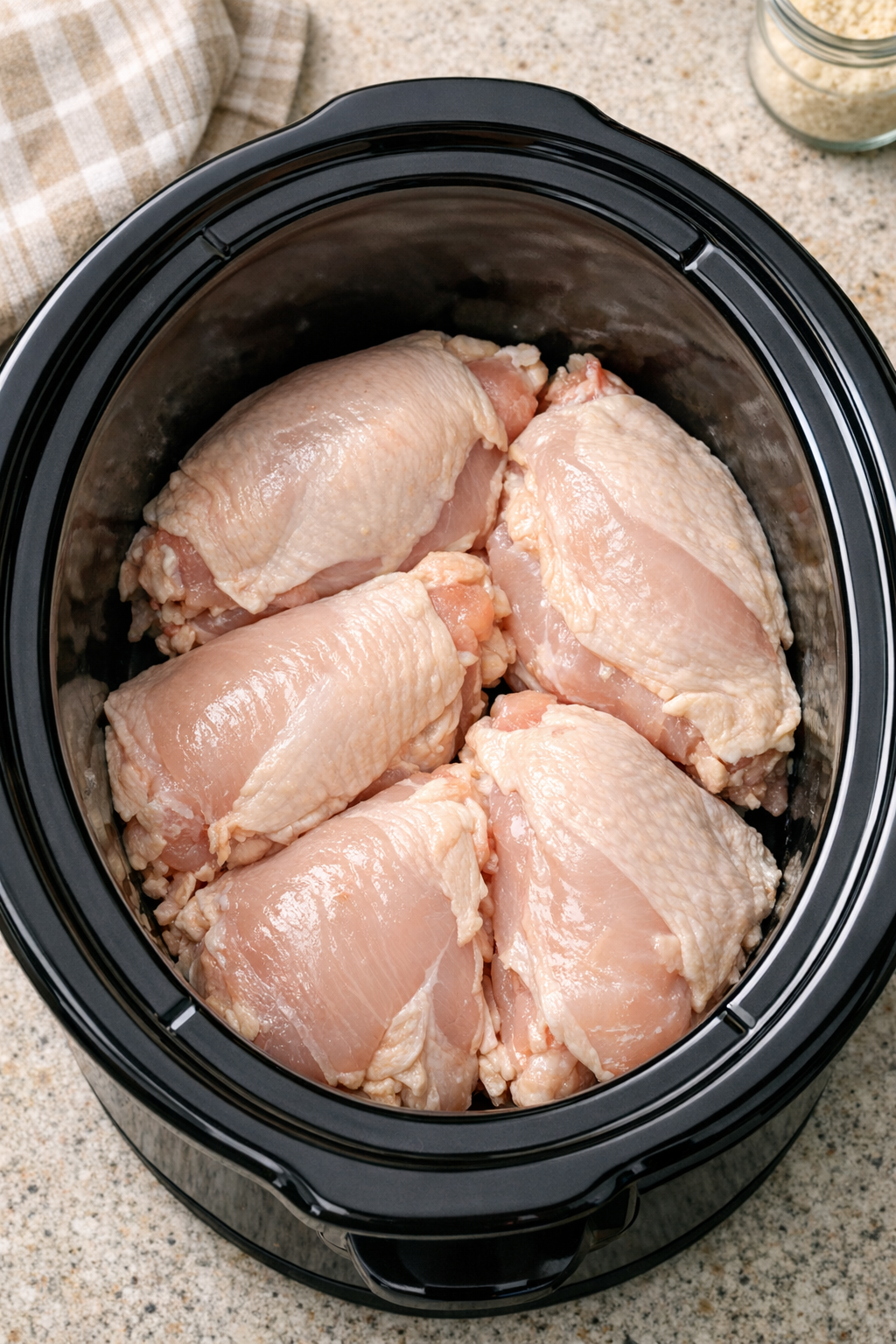 Raw split chicken breasts arranged in a slow cooker