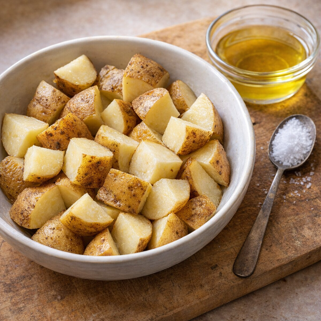 Chunked potatoes and melted beef tallow on a kitchen counter