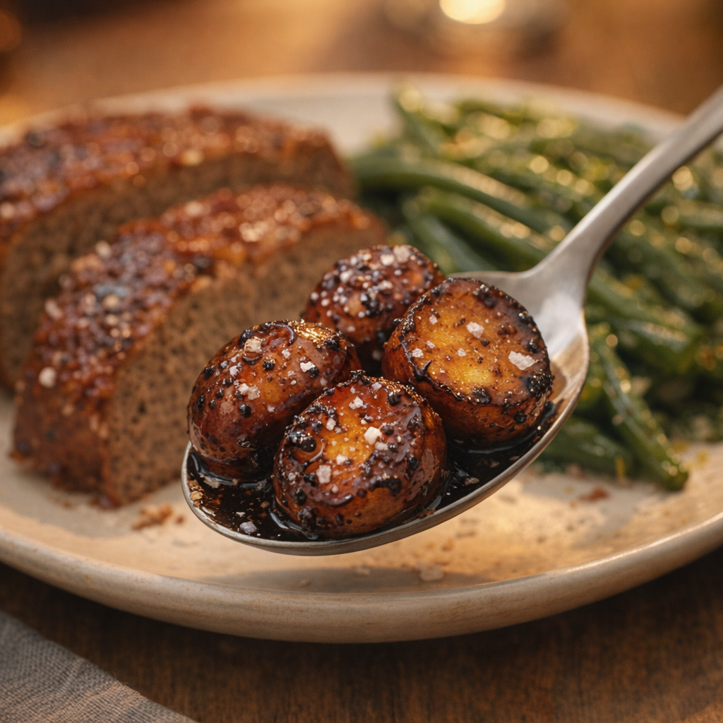 Serving of balsamic baby potatoes beside a family dinner plate