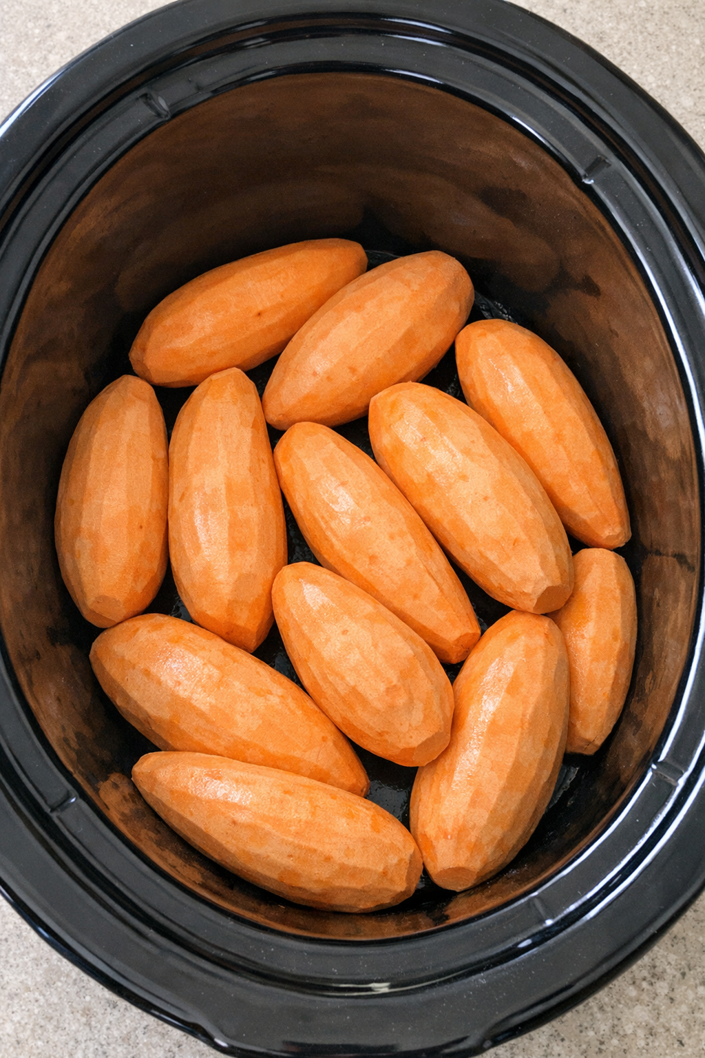 Whole peeled sweet potatoes arranged in a slow cooker