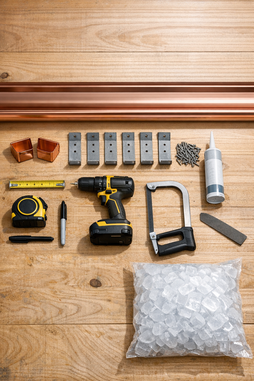 Copper gutter, brackets, screws, and tools laid out for the drink rail project