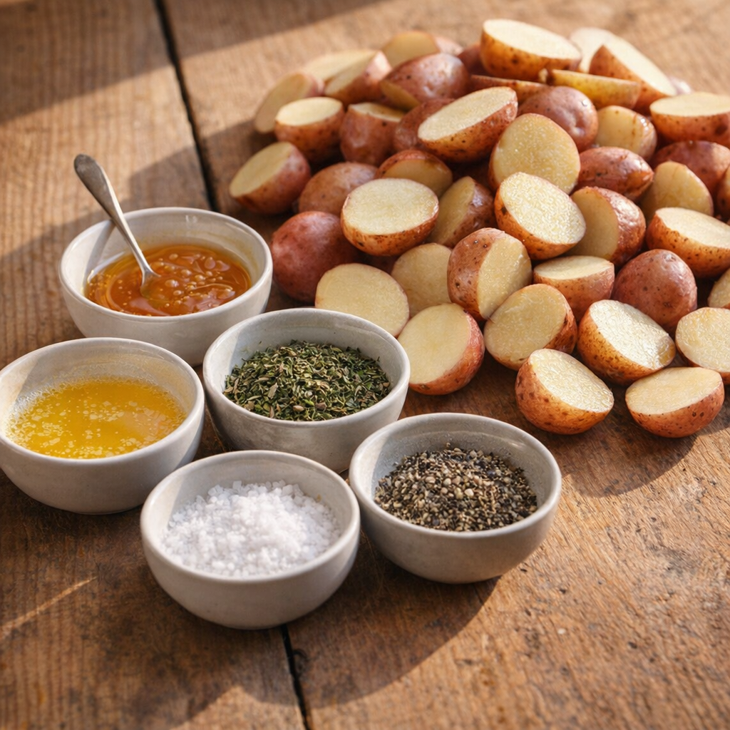 Measured ingredients for glazed herb potatoes arranged on a table