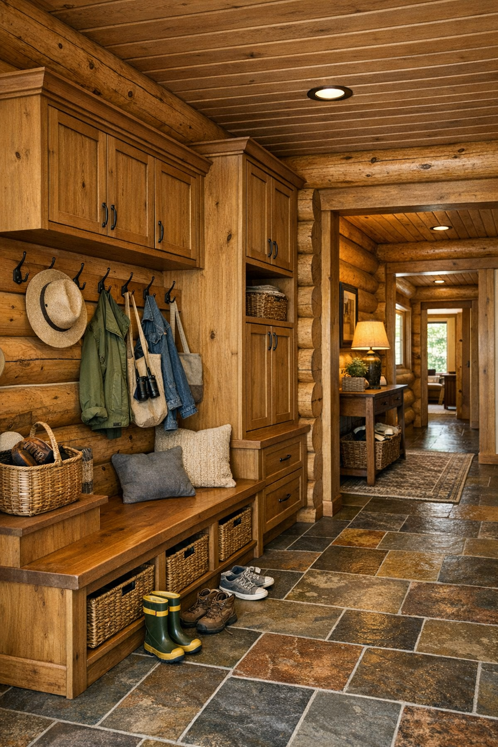 Mudroom and hallway with built-in bench, wood cabinetry, and practical family storage