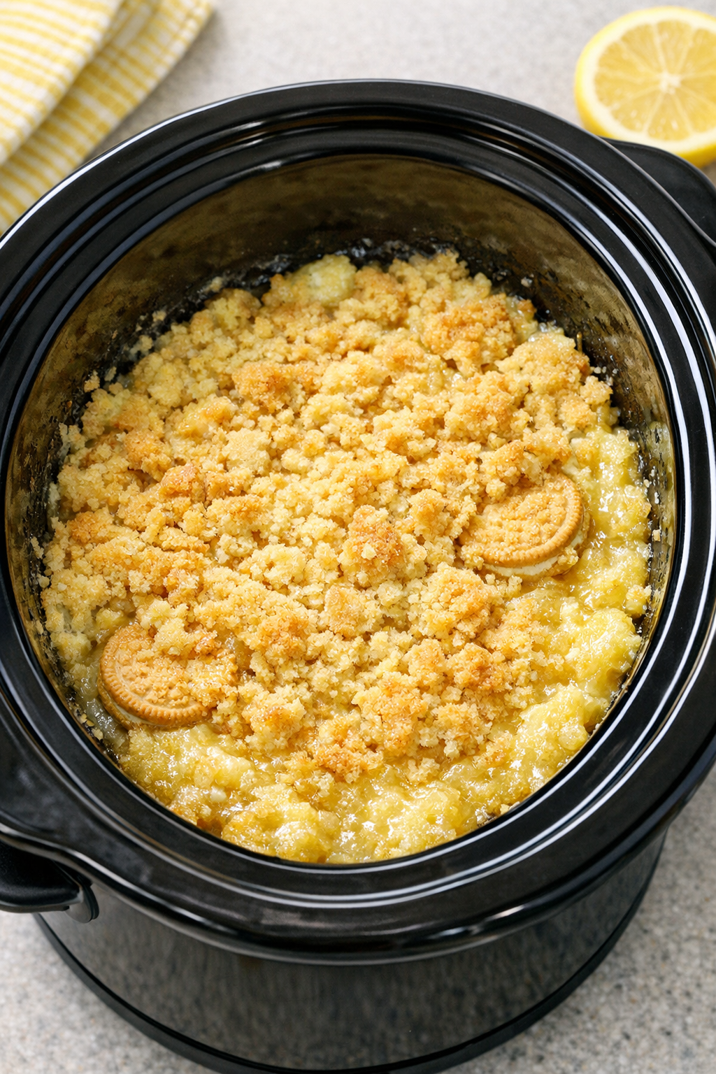 Cooked lemon cookie dessert in slow cooker