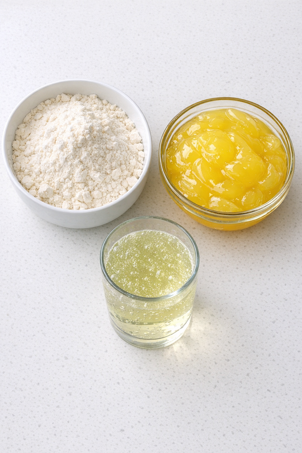 Three dump cake ingredients arranged on a counter