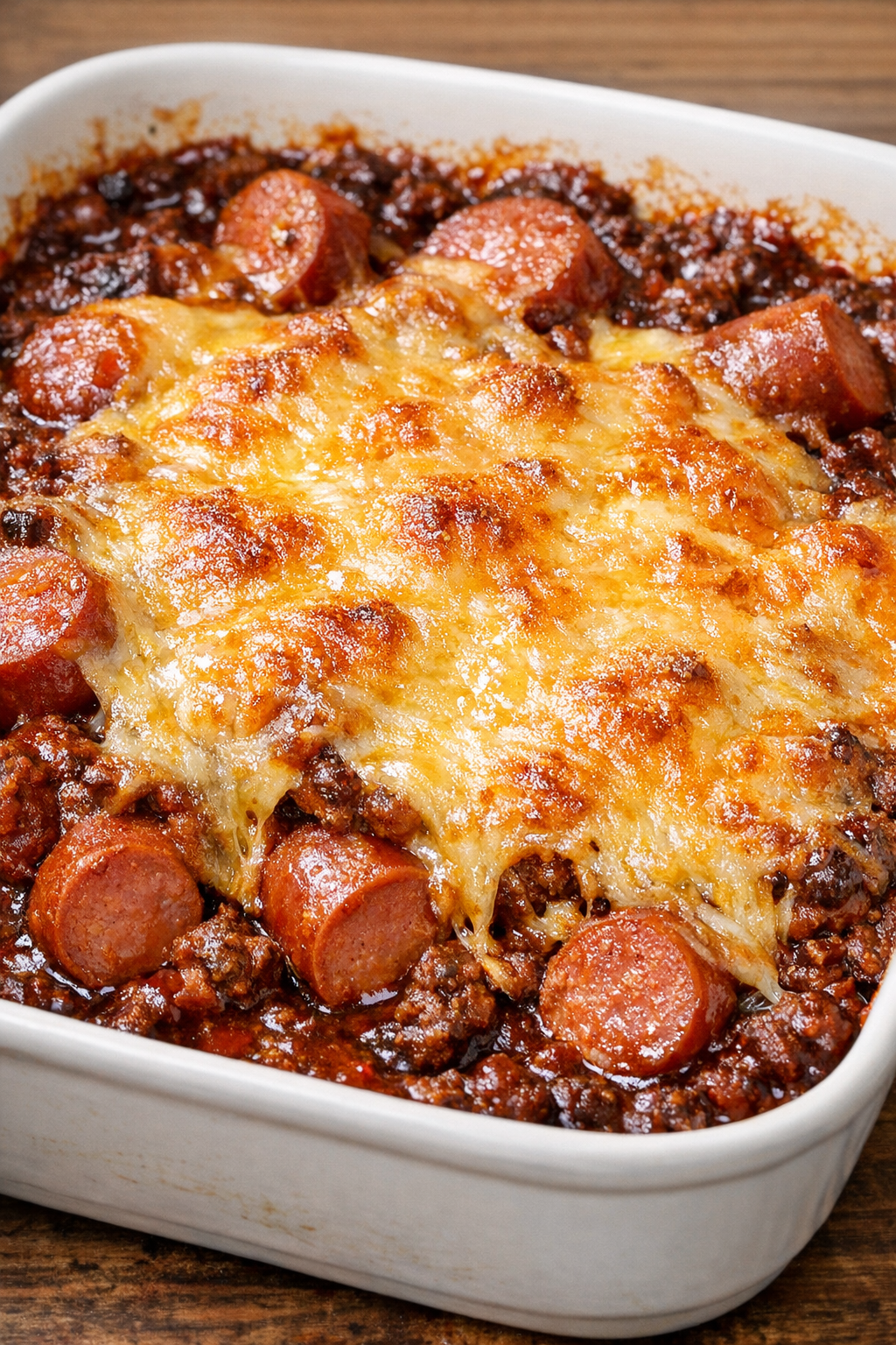 Low carb chili dog casserole baked with hot dogs, chili, and melted cheddar cheese