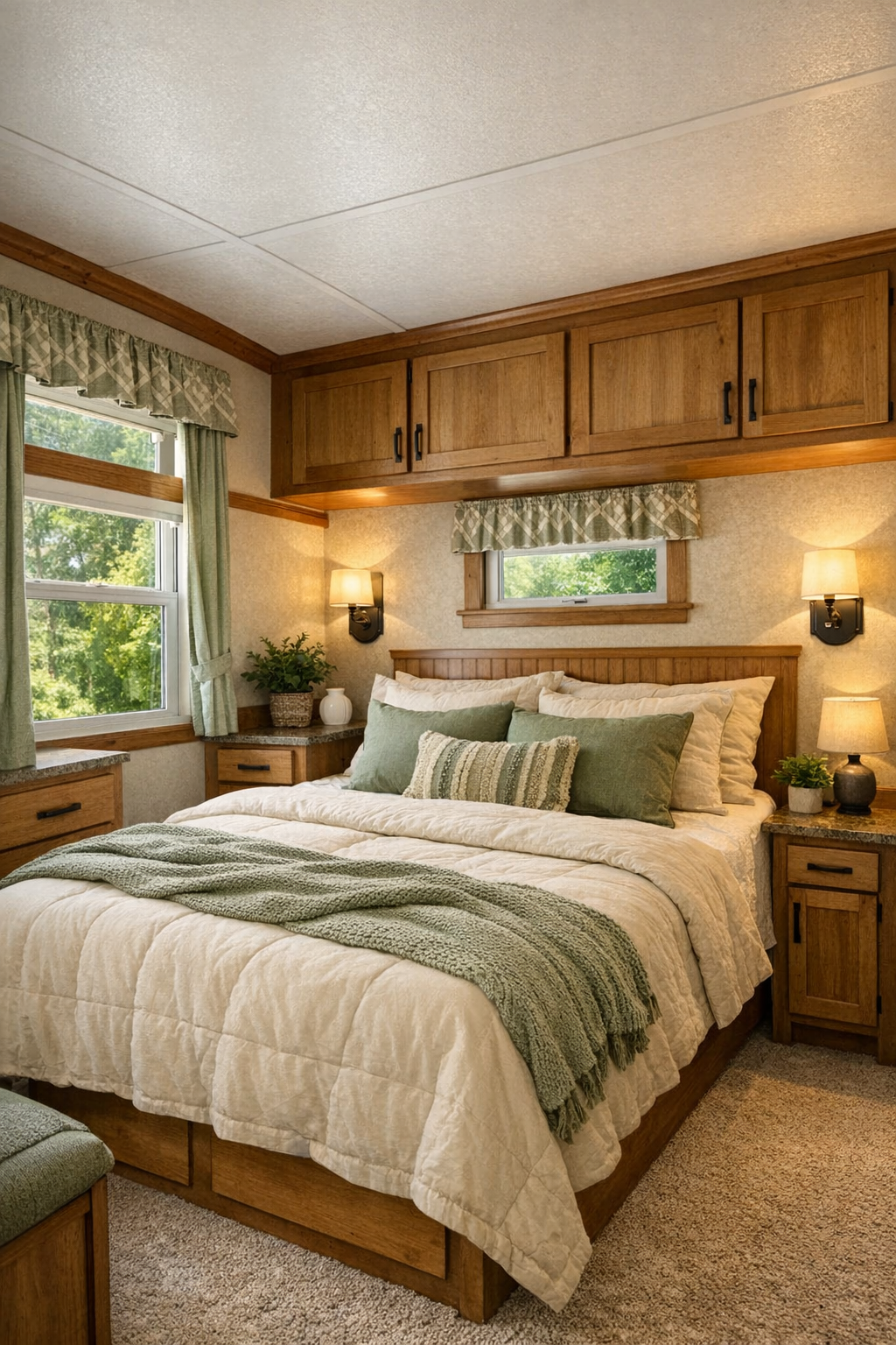 Peaceful small bedroom with sage and cream palette and built-in storage