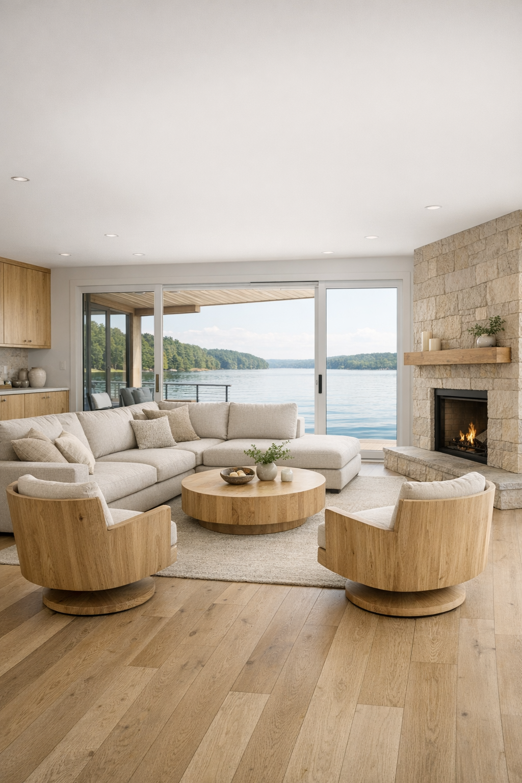 Open living room with wide lake views, soft neutral seating, and pale oak finishes