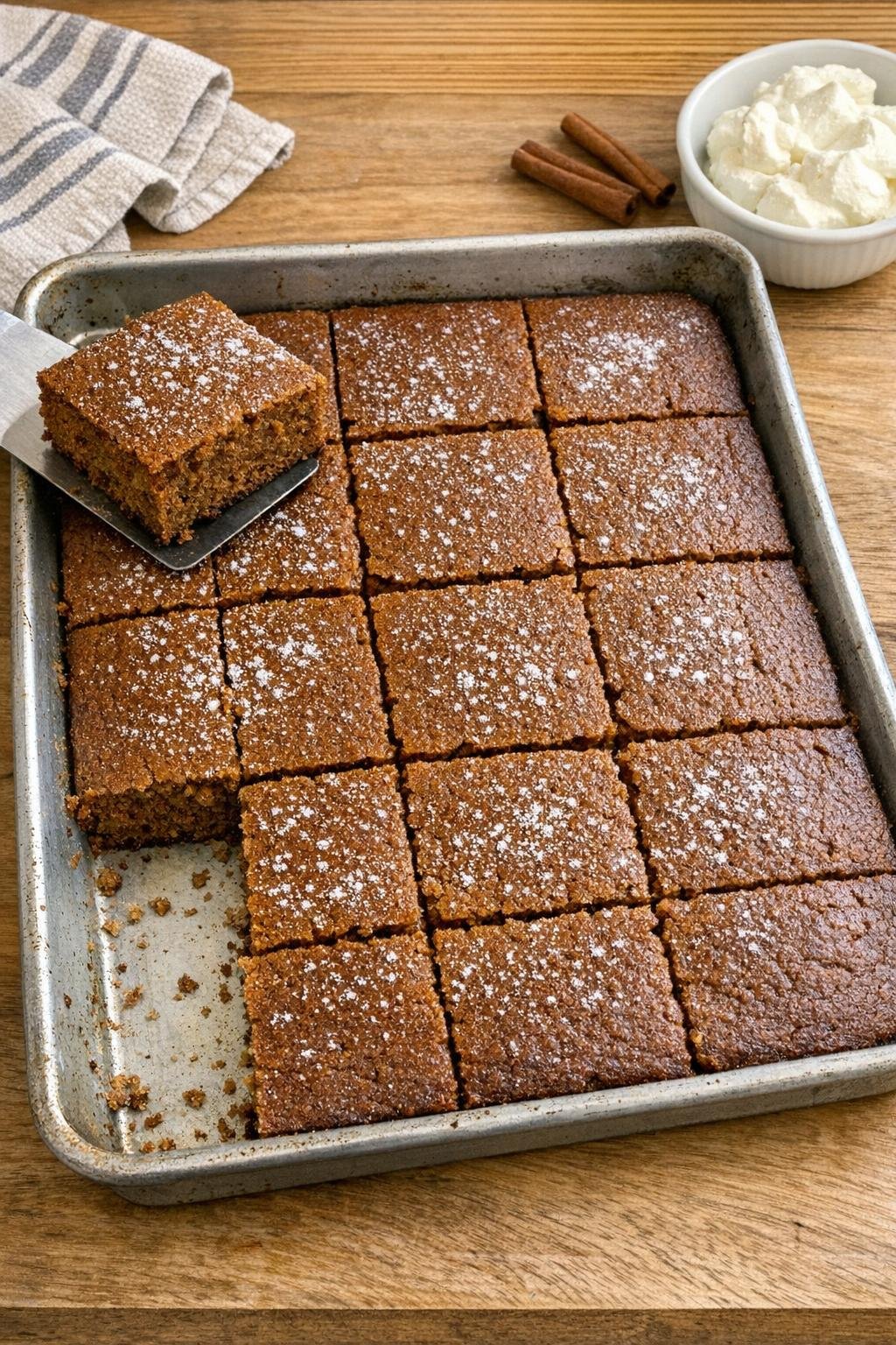 Baked gingerbread dessert in a sheet pan