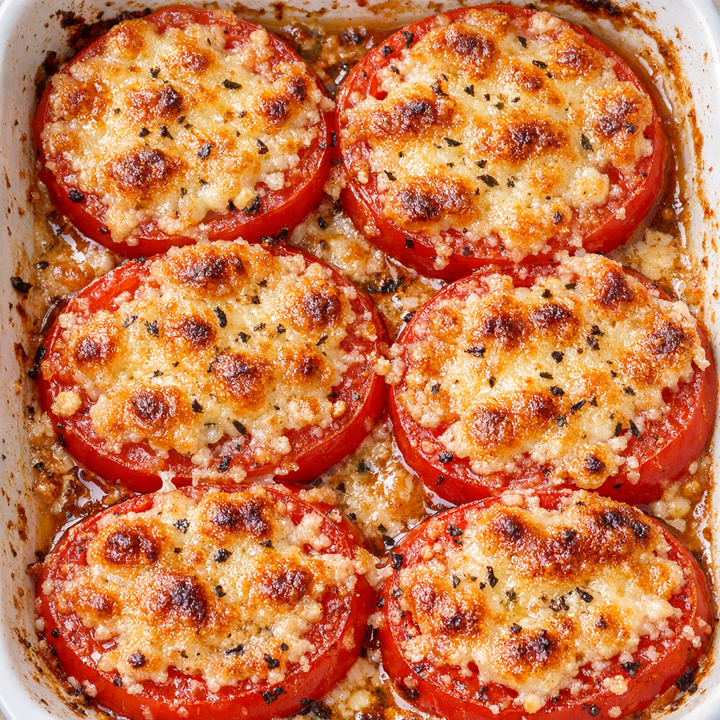 Low carb 3-ingredient parmesan tomato bakes in a ceramic casserole dish