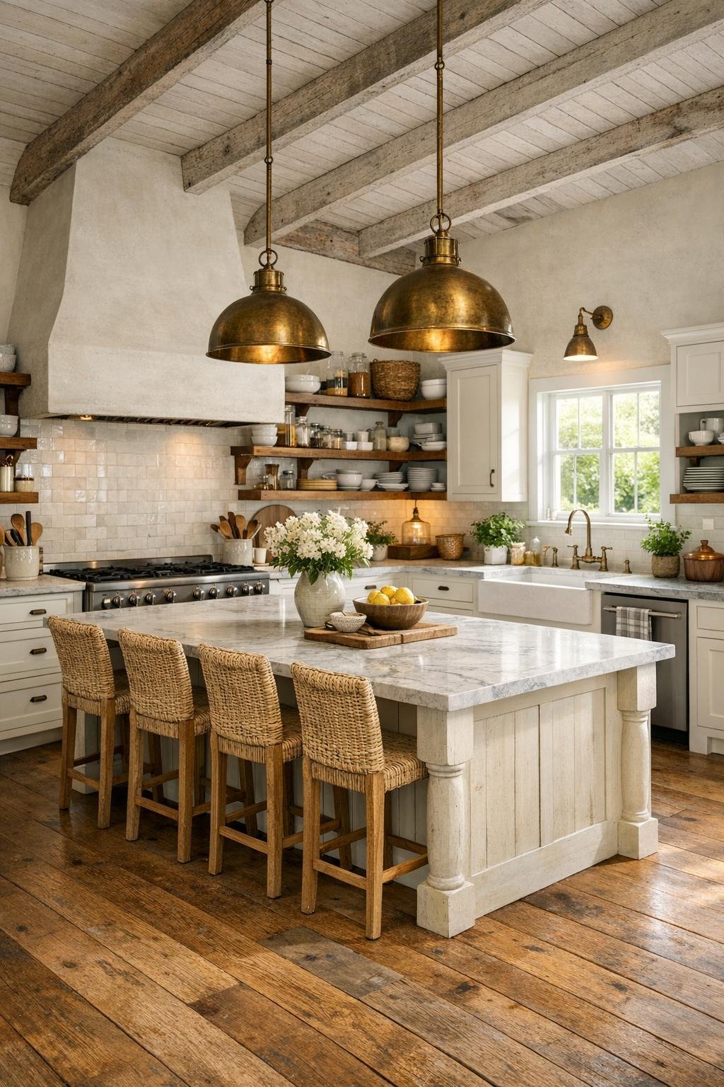 Large farmhouse kitchen with a central island, painted cabinetry, and stone countertops