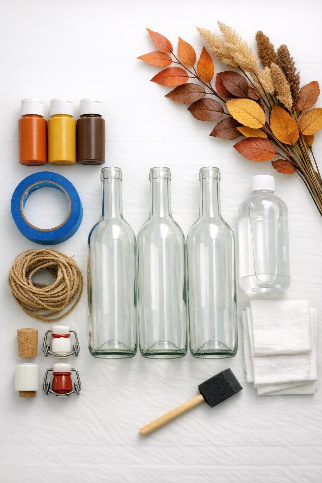 Materials for making an autumn water carafe set from old wine bottles
