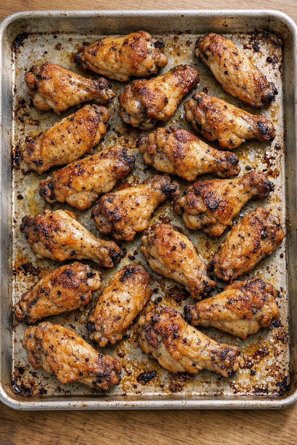 Finished baked chicken wings on a sheet pan