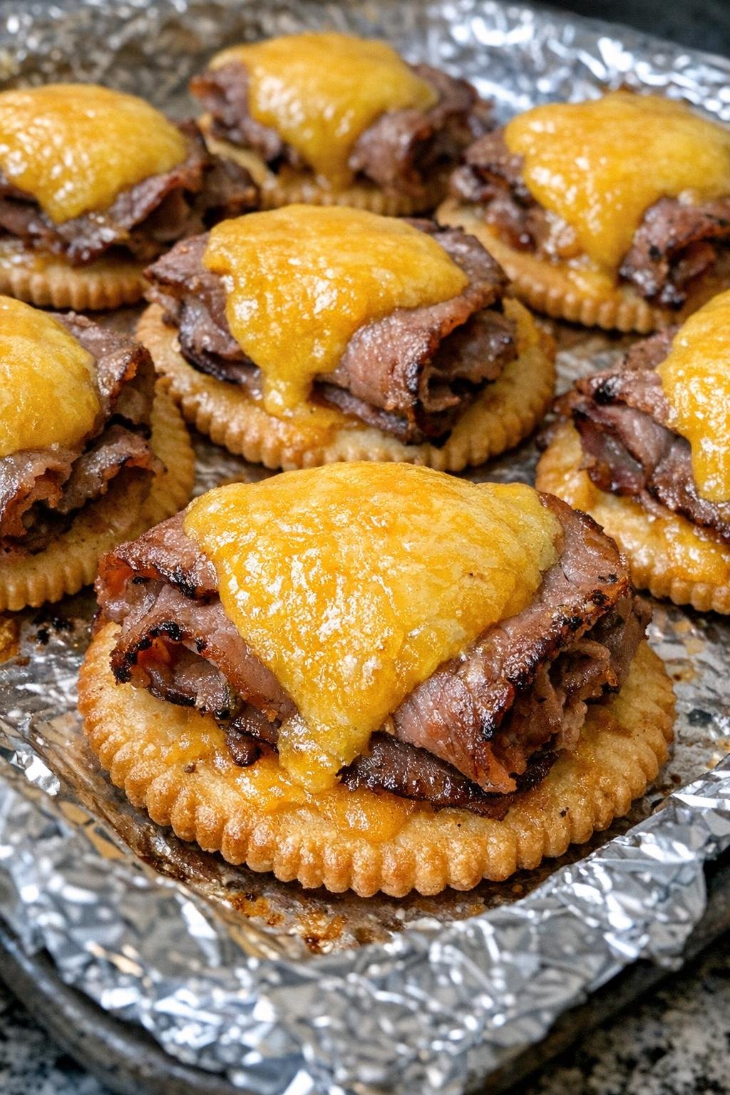 Close-up of baked beef cracker bites