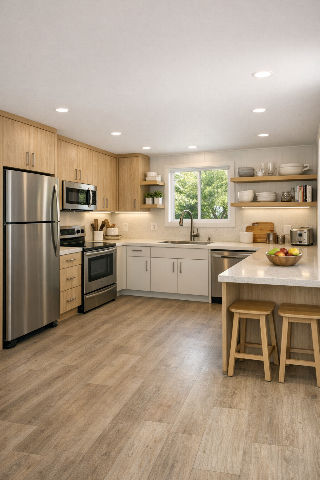 Bright accessible kitchen with light wood cabinets, pale quartz counters, and wide open workspace