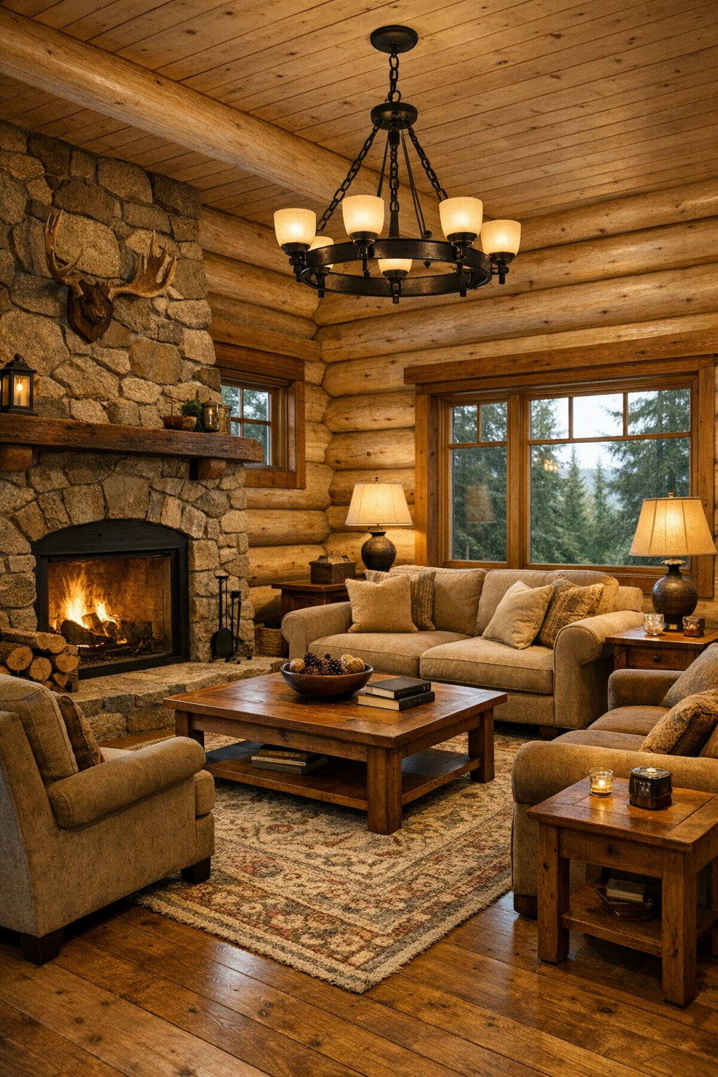 Traditional log home living room with stone fireplace and warm neutral seating