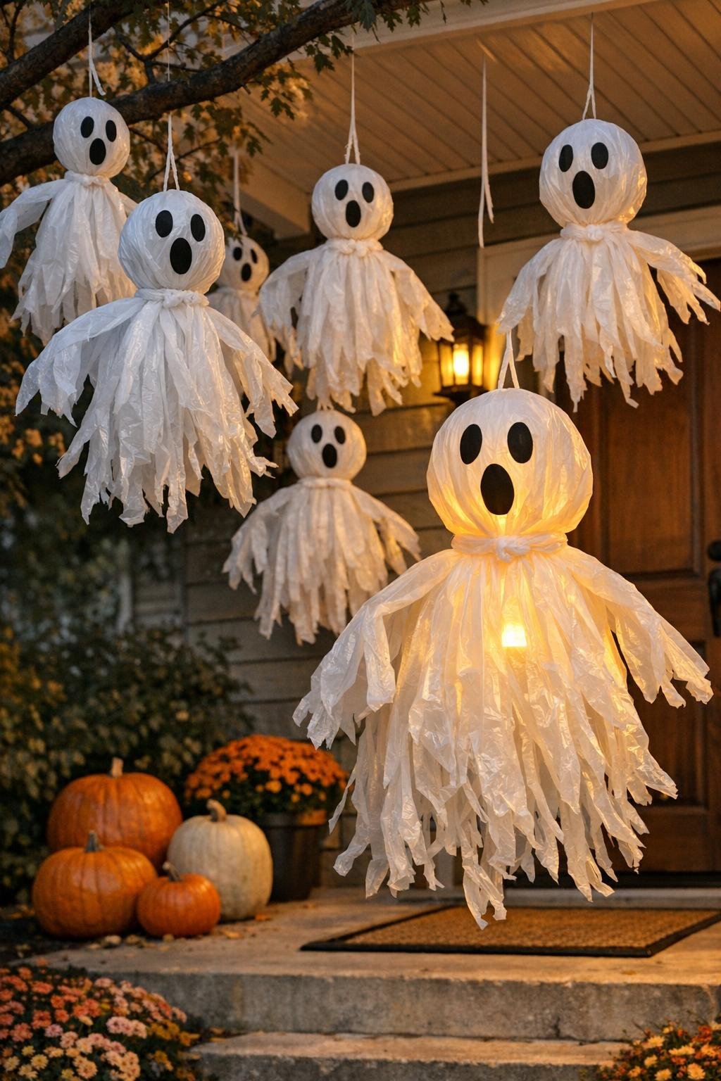 Finished floating ghost decorations hanging from tree branches and a porch ceiling