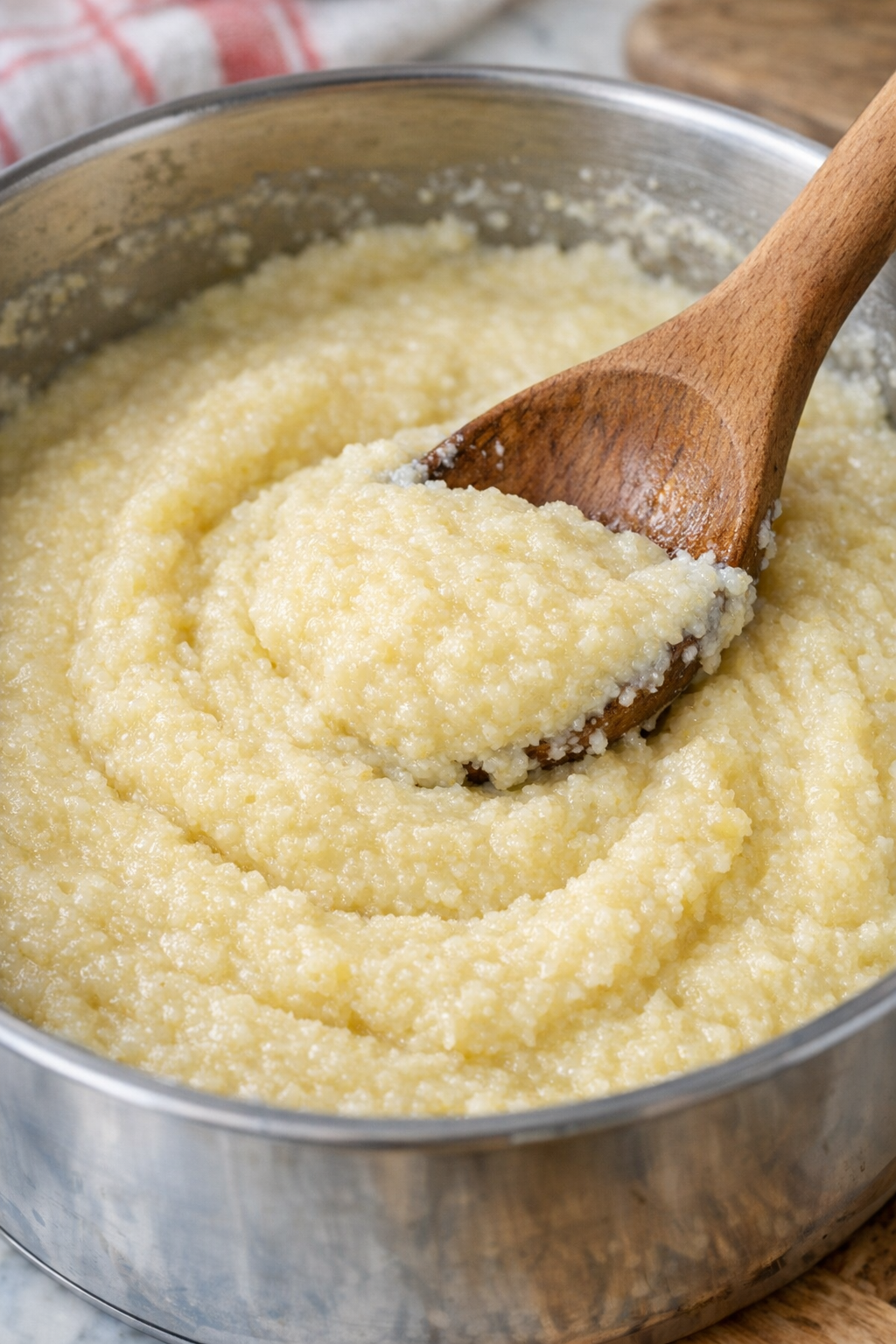 Thick cooked cornmeal mush in saucepan