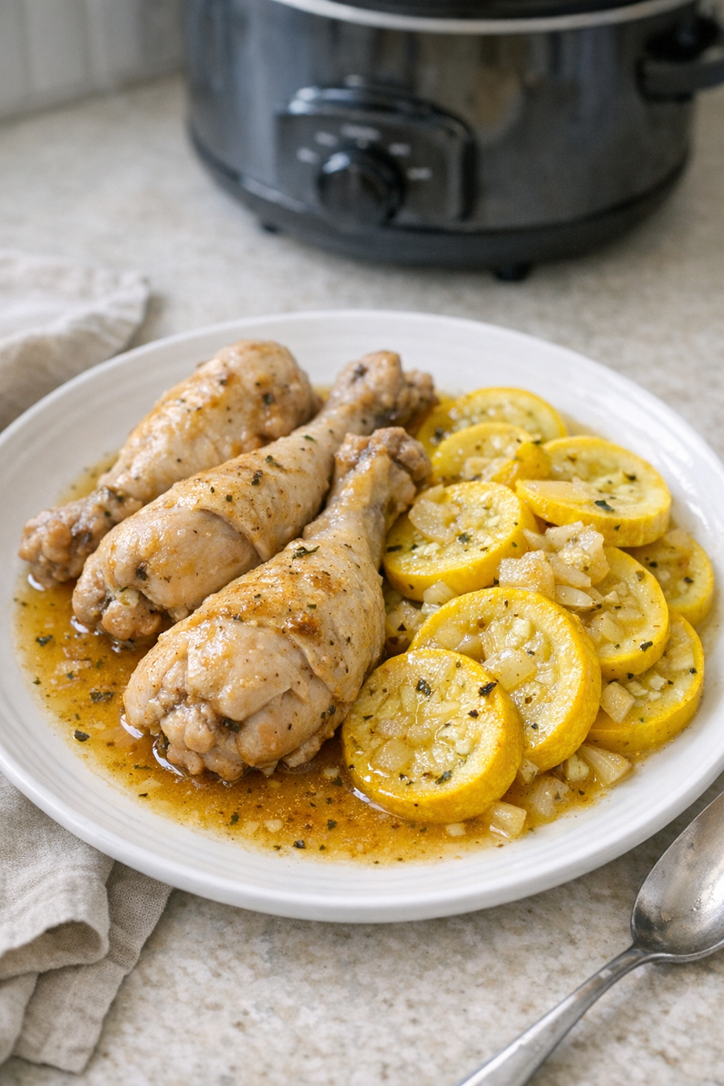 Finished slow cooker chicken drumsticks with yellow squash on a plate