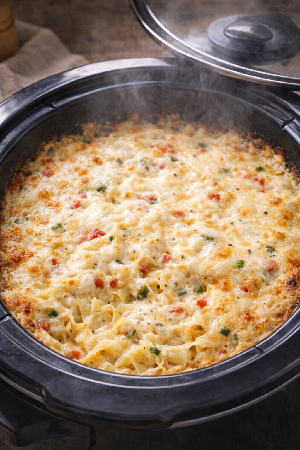 Finished noodle bake with melted golden cheese