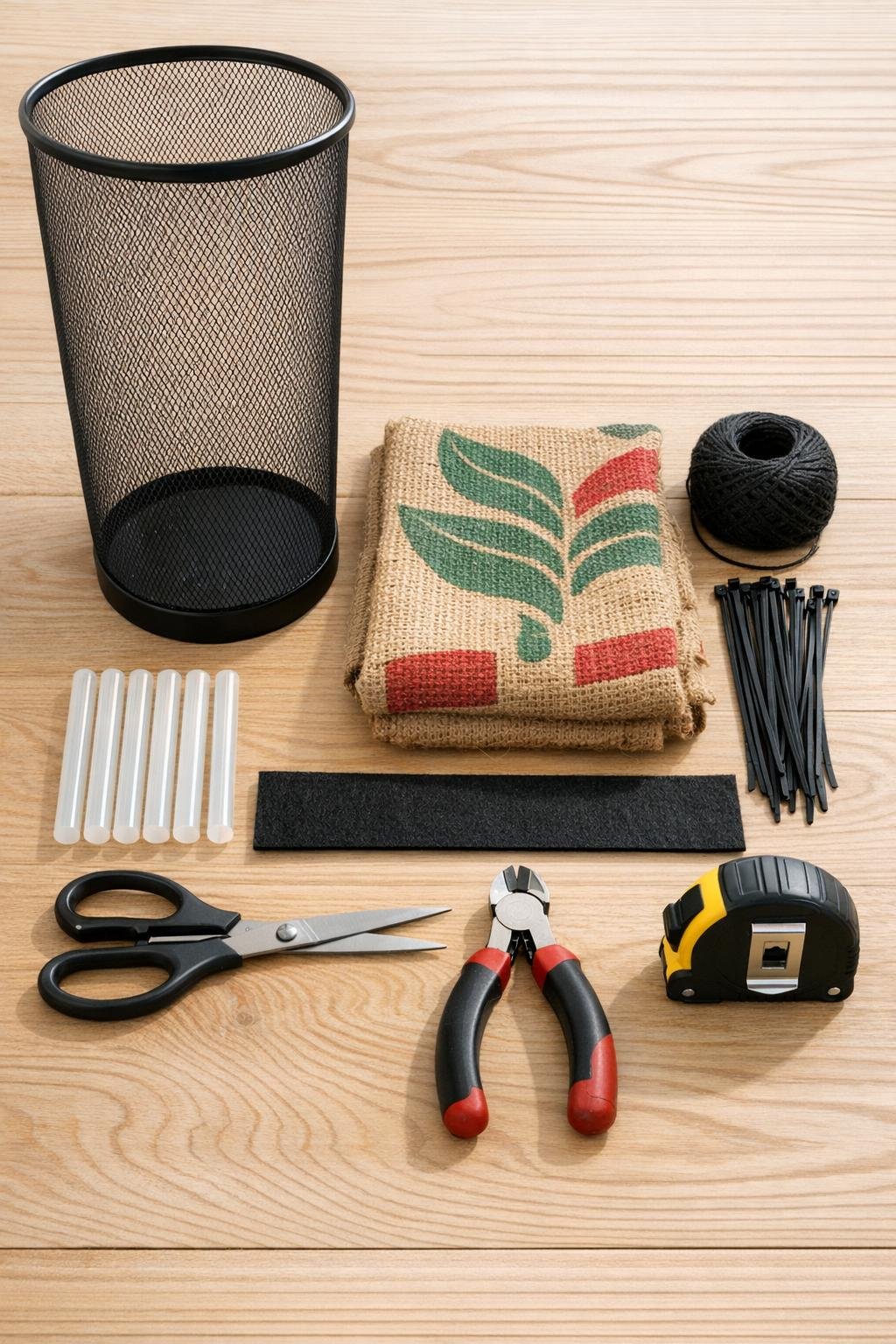 Materials for a burlap coffee sack kindling holder laid out neatly