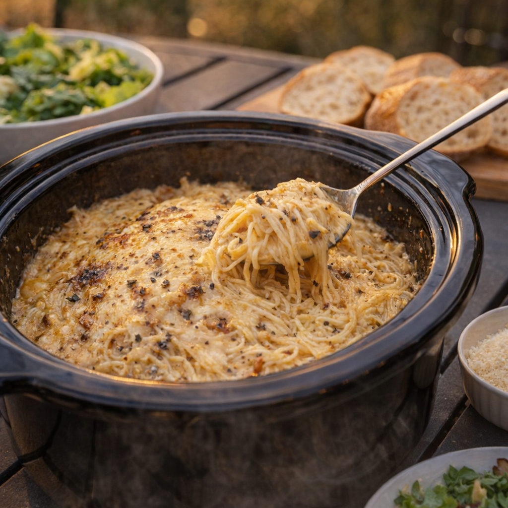 Slow cooker pasta on a patio table with salad and bread