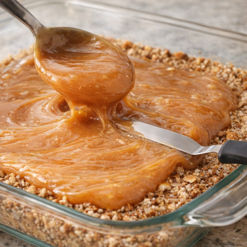 Caramel being spread over the warm pretzel crust