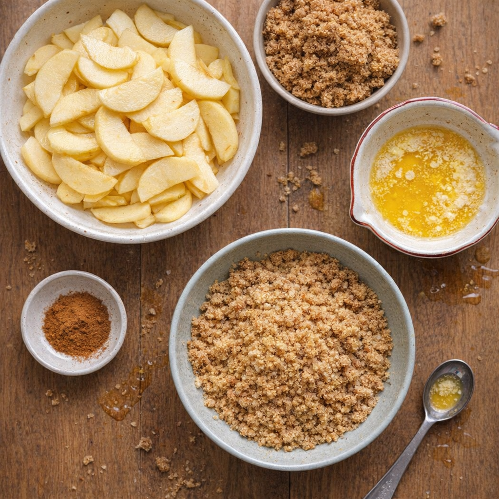 Simple apple brown betty ingredients arranged in bowls