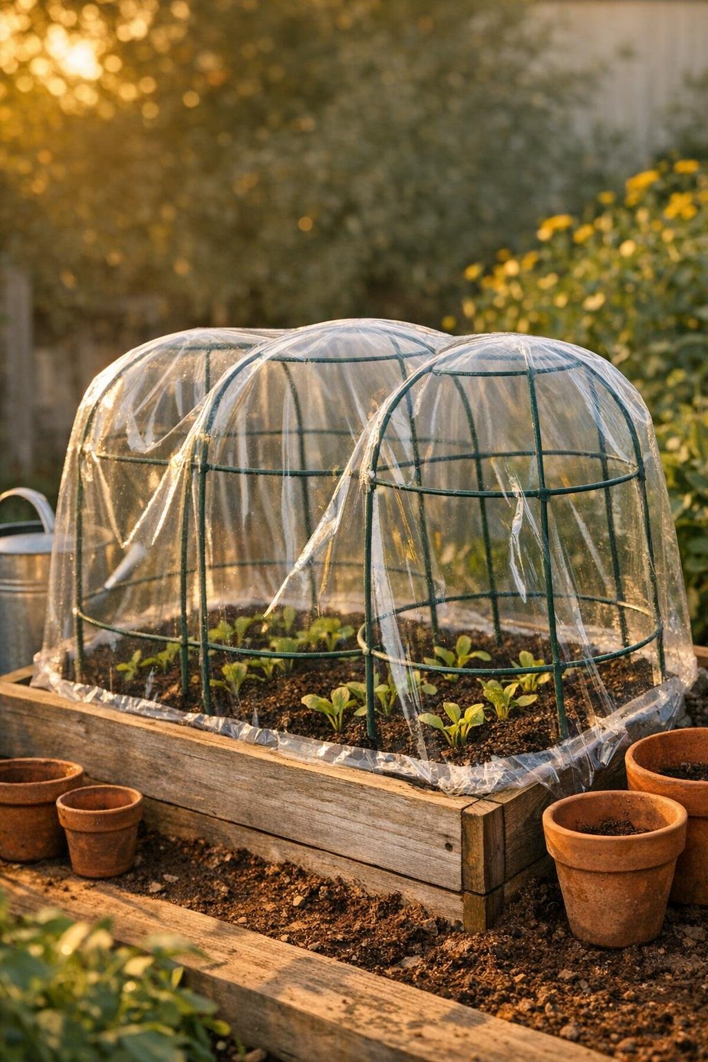 Finished mini greenhouse frame covering a raised garden bed