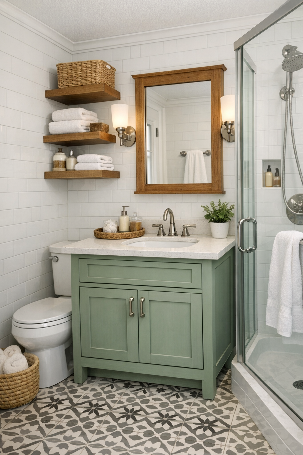 Neat bathroom with sage vanity, white tile, and patterned floor