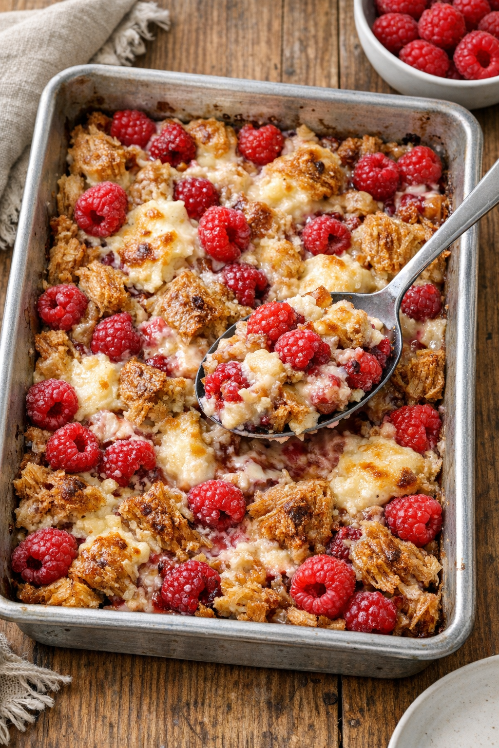 Baked raspberries and cream shredded wheat dessert