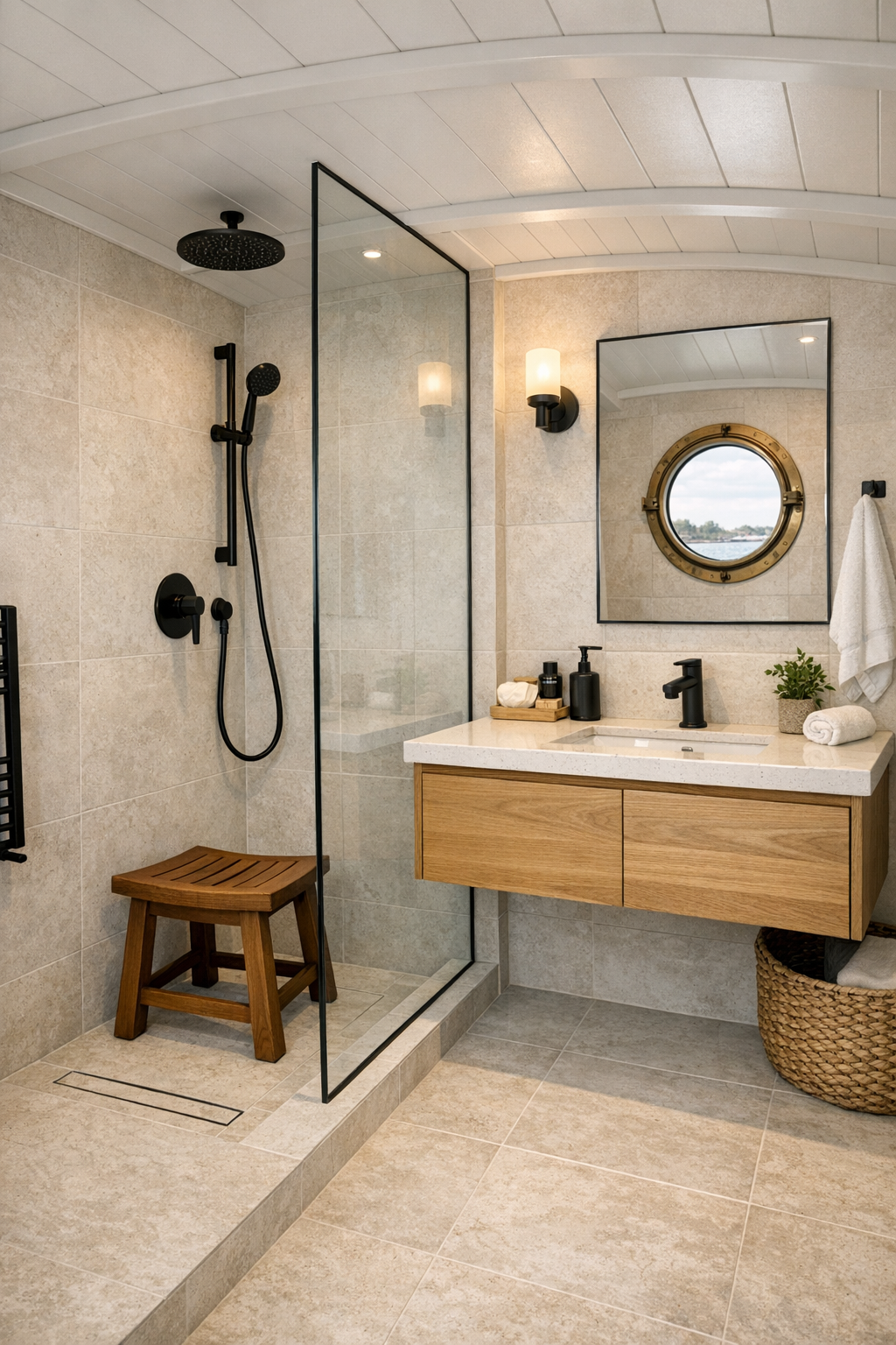 Accessible bathroom on a Dutch barge houseboat with curbless shower and pale stone tile