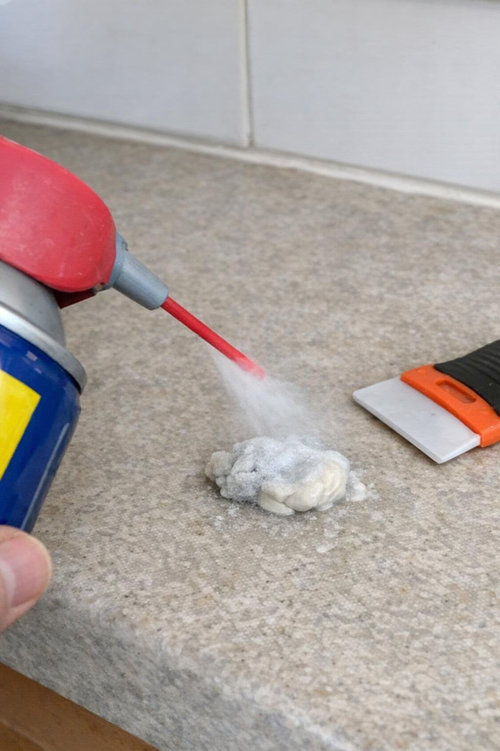 WD-40 loosening gum on a hard household surface
