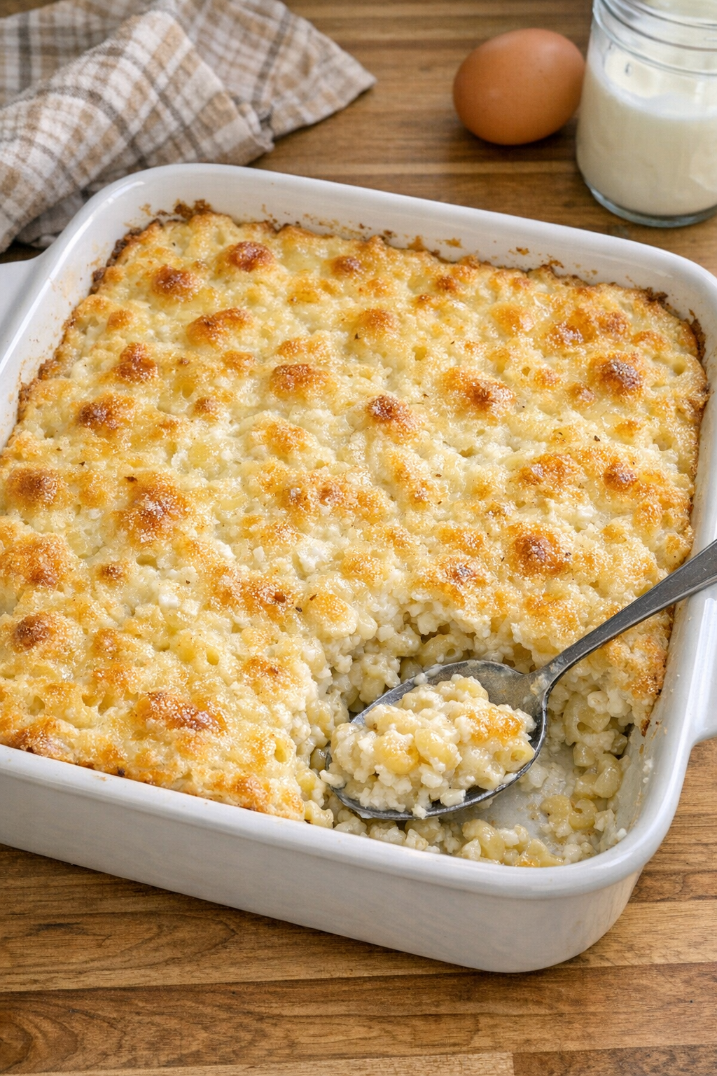 Finished baked cottage cheese macaroni in a rustic baking dish