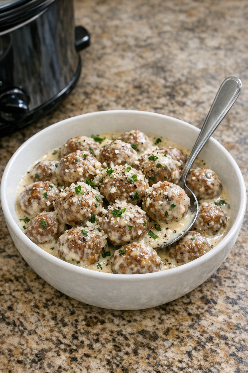 Finished garlic parmesan beef meatballs in a serving bowl