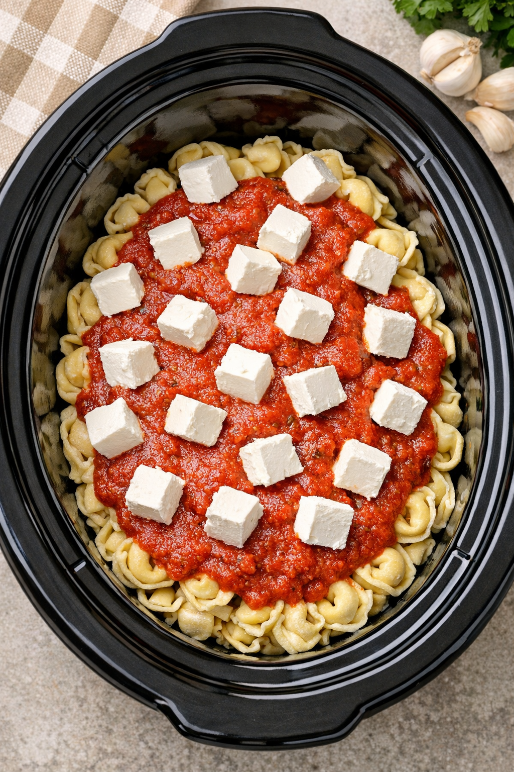 Marinara and cream cheese added over tortellini