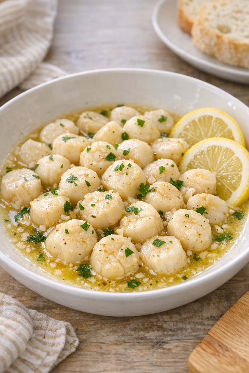 Finished buttery bay scallops served in a shallow bowl