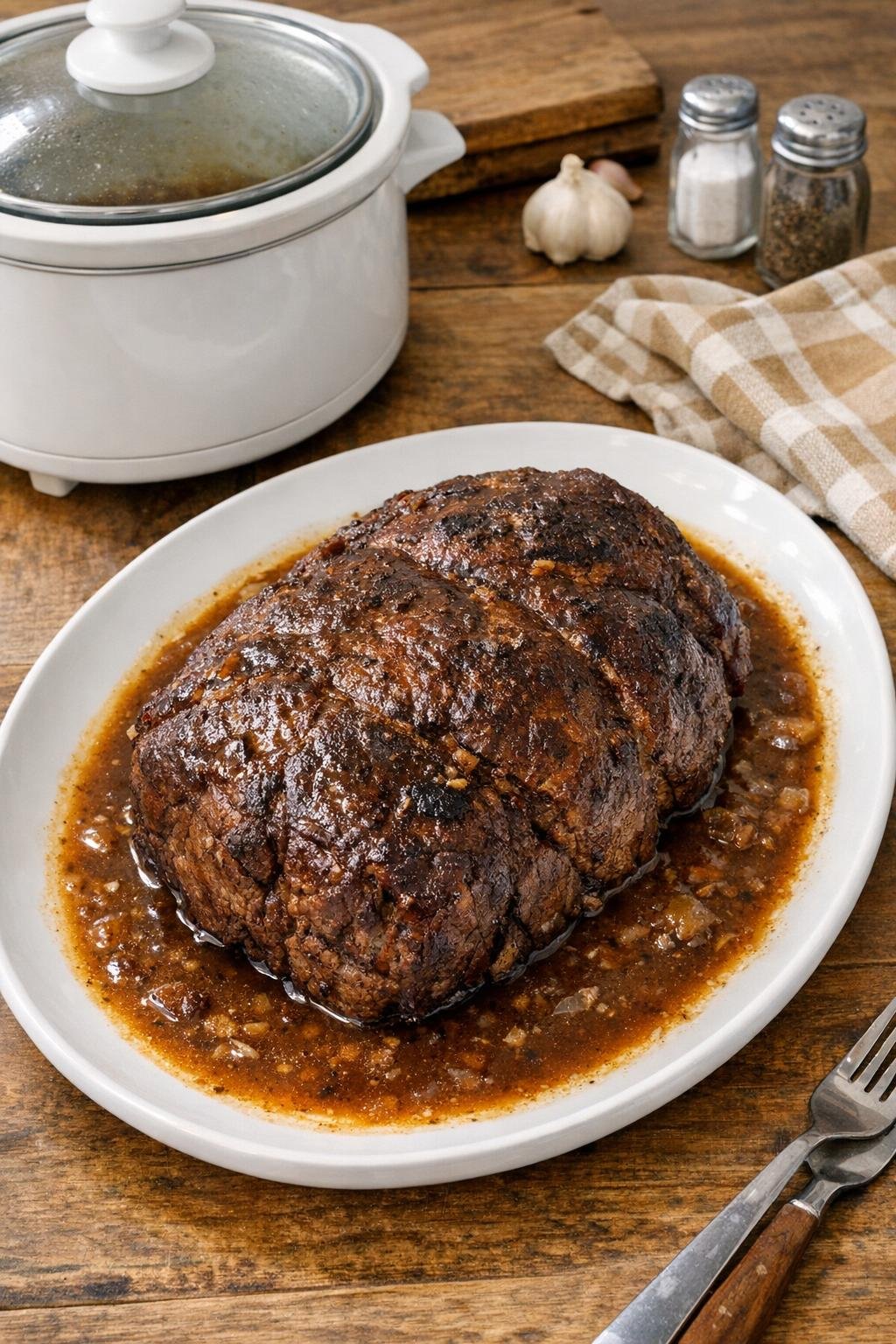 Finished chuck roast with gravy on a serving platter