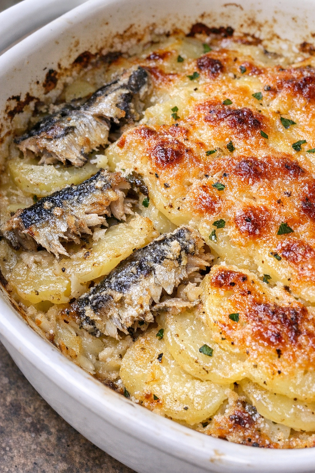 Close-up of sardine potato bake in a white casserole dish