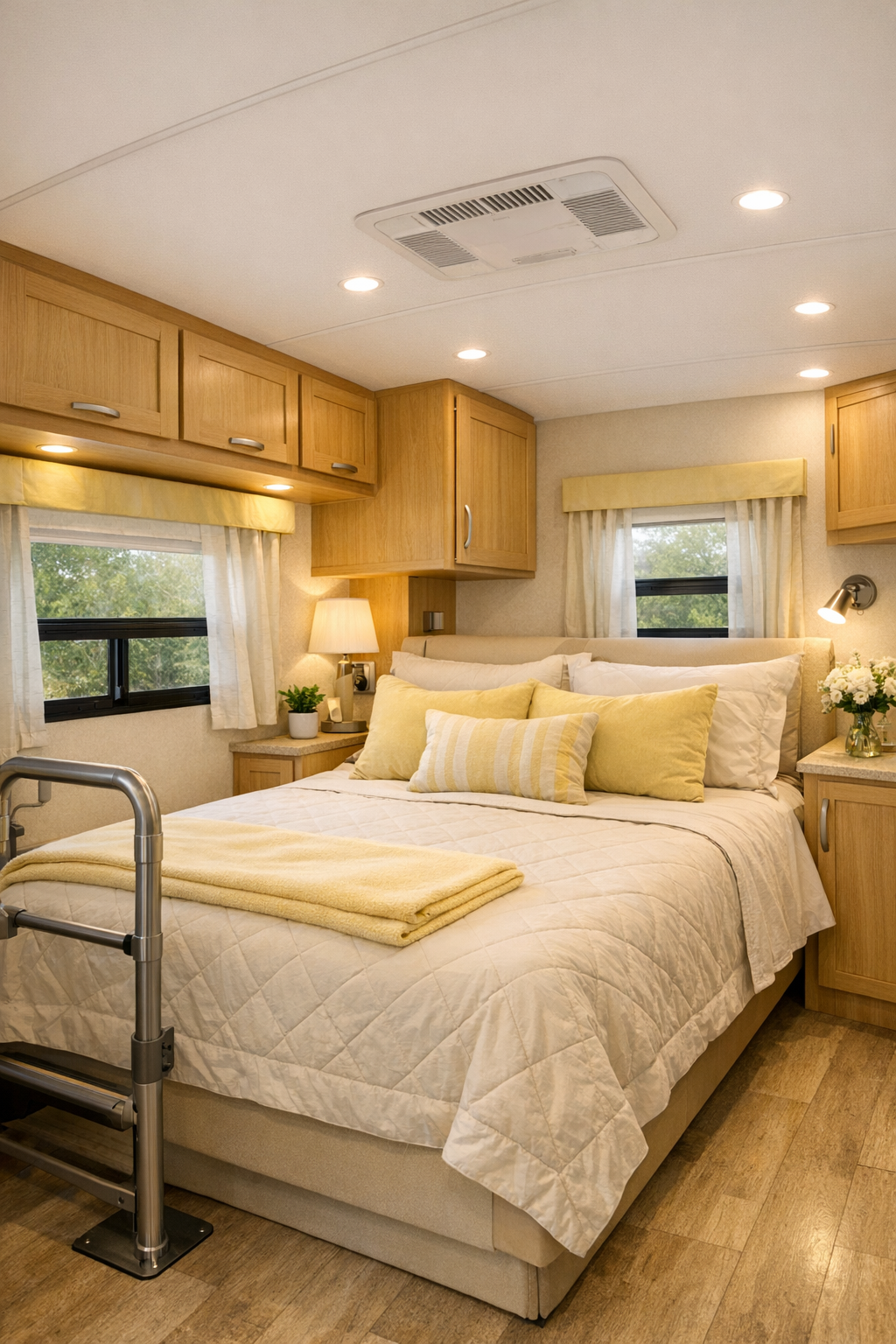 Soft RV camper bedroom with accessible layout, cream bedding, and light oak storage