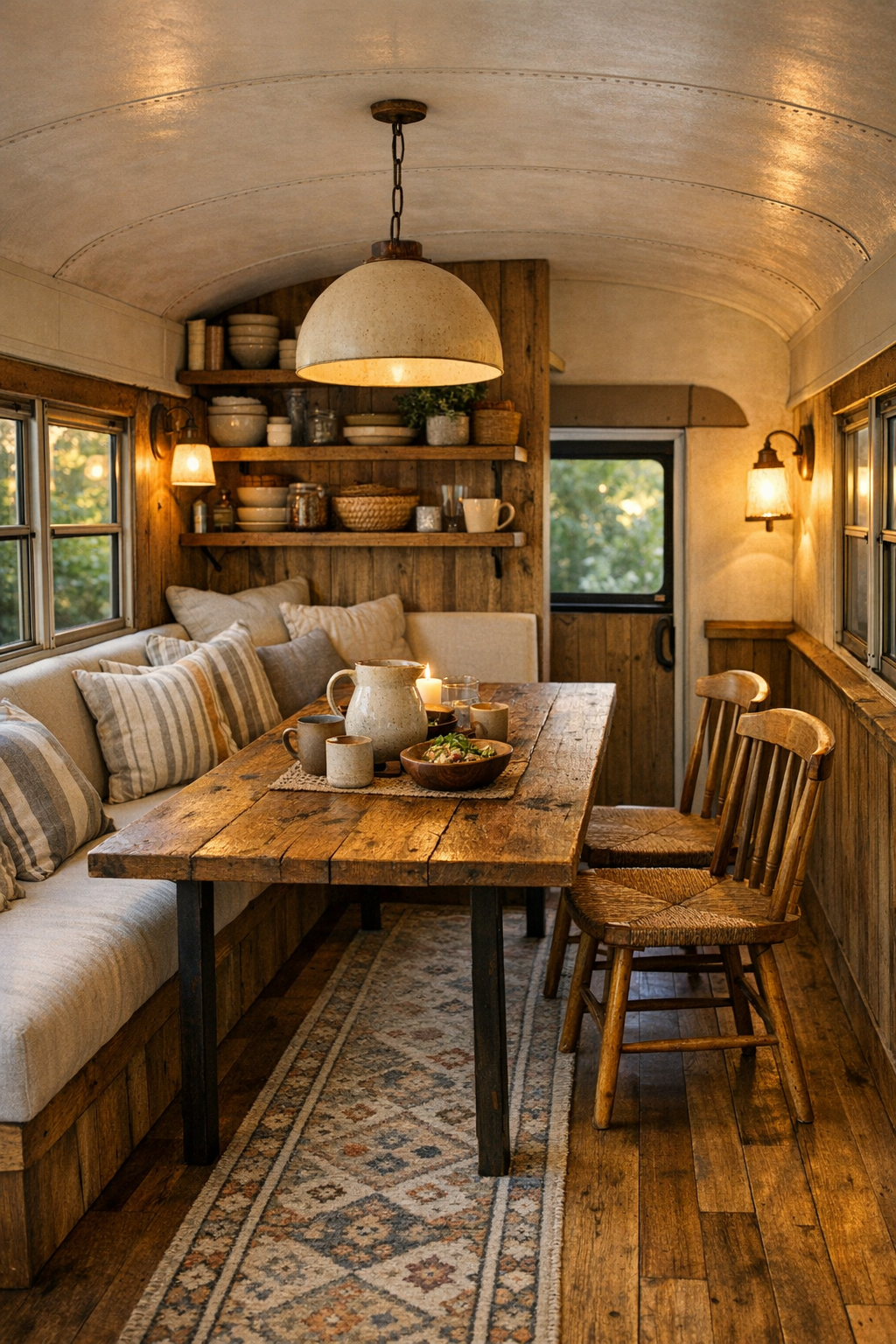 Cozy bus dining nook with a reclaimed wood table, banquette seating, and soft pendant lighting