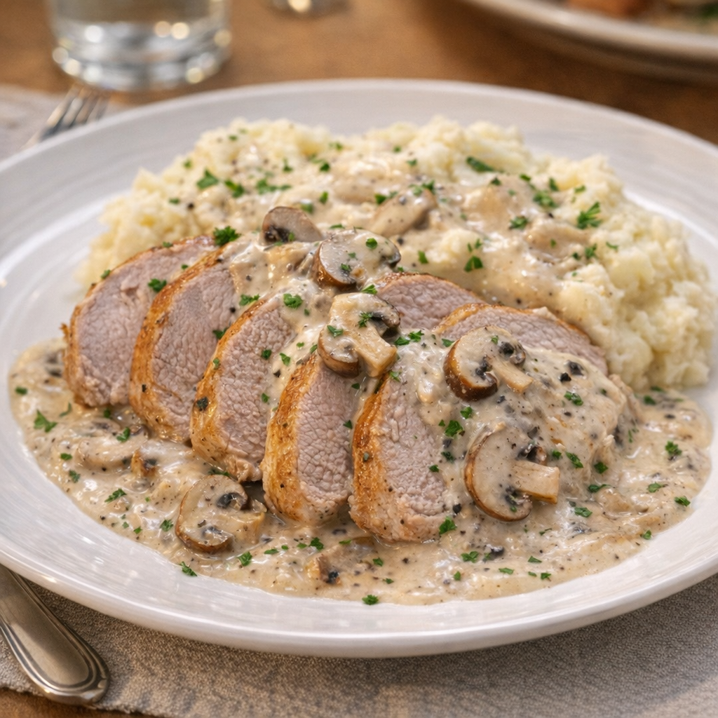 Slow cooker creamy mushroom pork tenderloin plated for dinner