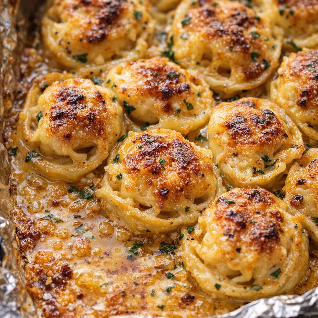 Golden baked tortellini with crisp Parmesan edges