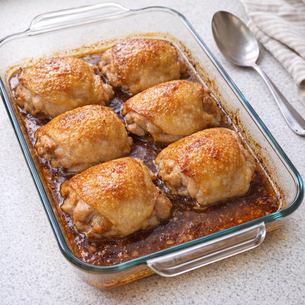 Baked chicken thighs in a glass dish on a home kitchen counter