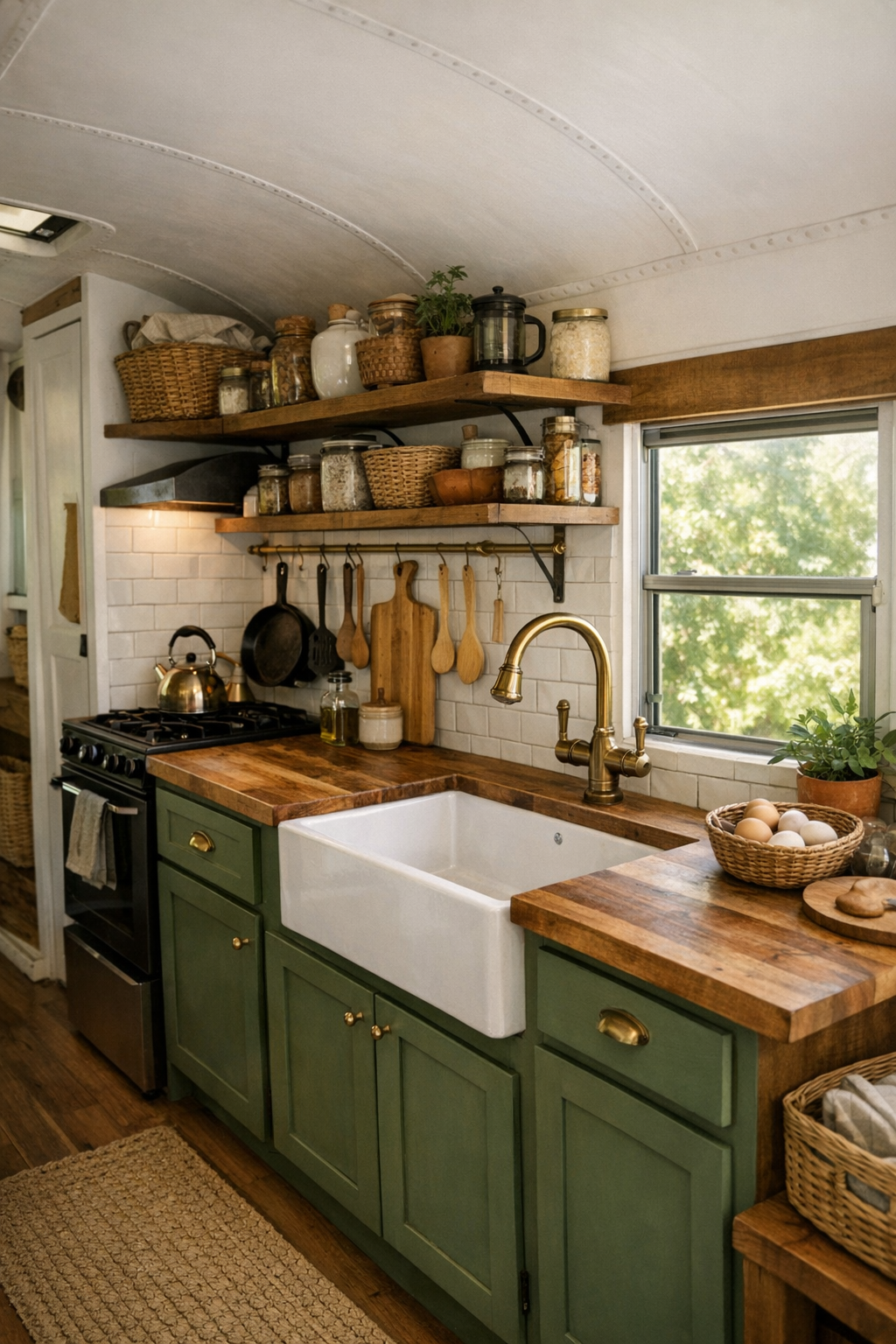 Compact farmhouse-style bus kitchen with green cabinetry and butcher block counters