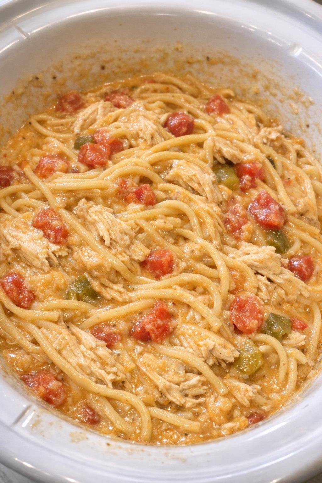 Slow cooker chicken spaghetti in a white slow cooker crock